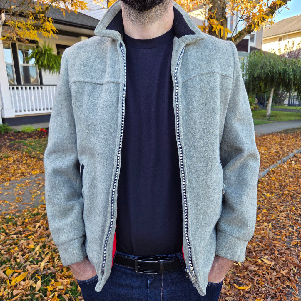 Vintage Grey Wool Jacket - Quilted Red Lining