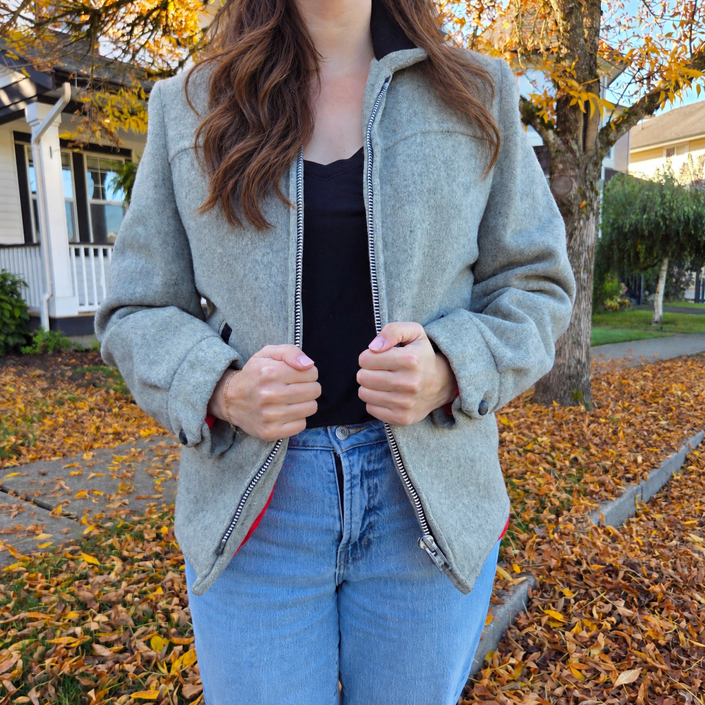 Vintage Grey Wool Jacket - Quilted Red Lining