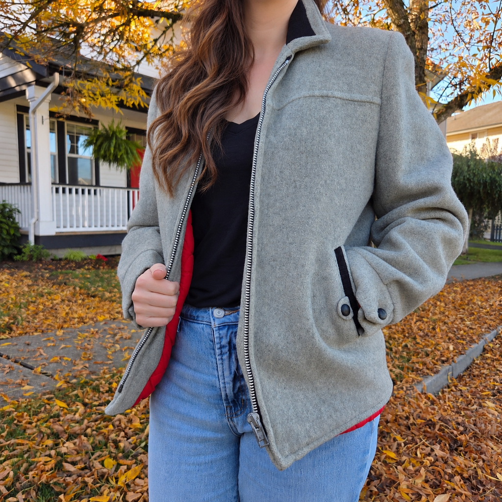 Vintage Grey Wool Jacket - Quilted Red Lining